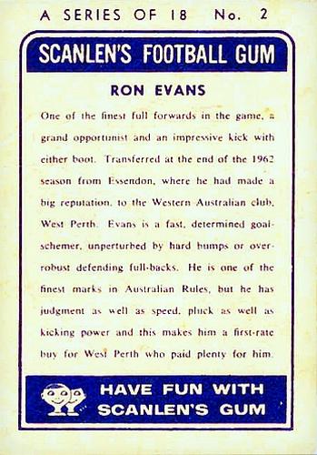 1963 Scanlens VFL #2 Ron Evans Back